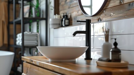 Wall Mural - White high sink and black water faucet on a wooden pedestal. Bathroom in the loft style.