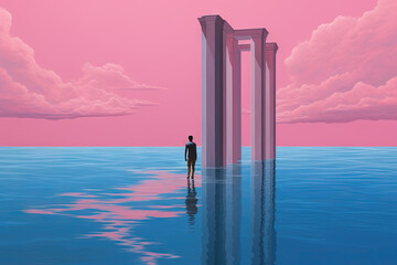 Canvas Print - Surreal vaporwave landscape with abstract architecture elements on the water. Dreamy landscape