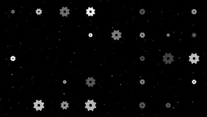 Poster - Template animation of evenly spaced gear symbols of different sizes and opacity. Animation of transparency and size. Seamless looped 4k animation on black background with stars