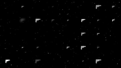 Poster - Template animation of evenly spaced electric drill symbols of different sizes and opacity. Animation of transparency and size. Seamless looped 4k animation on black background with stars