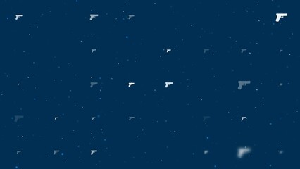 Poster - Template animation of evenly spaced gun symbols of different sizes and opacity. Animation of transparency and size. Seamless looped 4k animation on dark blue background with stars