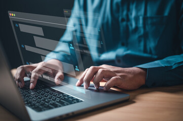 future, keyboard, solution, innovation, information, programming, software, system, programmer, identity. A man is typing on a laptop with a screen showing a person's face, person's name and message.