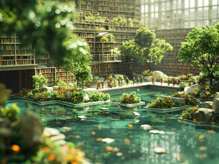 A green and blue scene with a pond and a library. The pond is surrounded by plants and rocks, and there are several people walking around the area. The library is filled with books