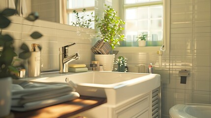 Wall Mural - Contemporary Home Bathroom featuring Taps. a residential bathroom with a bathtub, sink, and faucet encircled by furniture. Water Tap.  