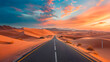 Road in the sahara desert at sunset