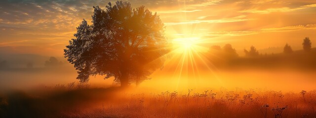 Canvas Print - a tree in a field with the sun setting in the background