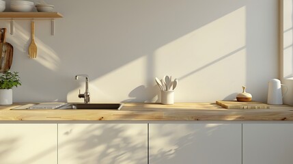 Wall Mural - The kitchen has a wooden counter near the light wall with a silver sink and utensils.