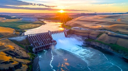 Majestic Sunset over Hydroelectric Dam, Aerial View of Renewable Energy Source. Environmental Conservation and Sustainable Power Generation. AI