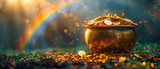 Fototapeta  - Saint Patrick's Day and Leprechaun's pot of gold coins concept with a rainbow indicating where the leprechaun hid treasure on tgreen with copy space. St Patrick is the patron saint of Ireland backdrop