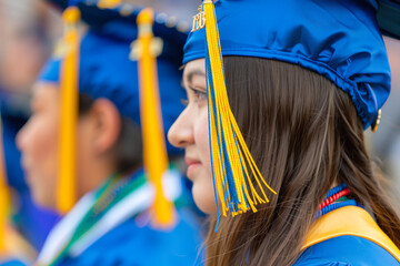 Poster - Graduate in blue cap and gown with yellow tassel during ceremony