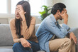 Breakup and depressed, asian young quarrel couple love fight relationship in trouble. Different people are emotion angry. Argue wife has expression upset with husband. Problem of family people.