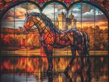 Fototapeta  - A horse is standing in front of a castle. The image has a serene and peaceful mood