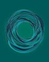 Poster - A vector illustration of an abstract shape in teal, resembling the shape and appearance of intertwined lines or curves forming a circle on top of each other. The background is plain green color