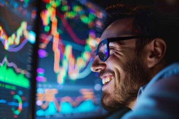 Aufkleber - A person analyzing multiple screens displaying vibrant stock market graphs and data