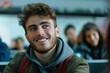 A young man with a beard wears a warm smile in a classroom setting, representing upbeat youth