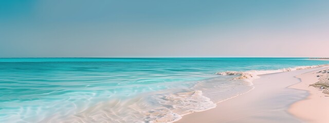 Wall Mural - A breathtaking photograph of secluded white sand beach, with vibrant turquoise waters and clear blue skies, offering ample space for text placement