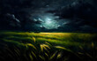 Oil painting of a breathtaking rural sunset scene with a green unripe wheat field. Colorful rural landscape in the cold moonlight. Summer night landscape.