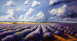 Oil painting of a breathtaking rural scene with a lavender field. Colorful rural landscape with dramatic sky. Summer landscape.