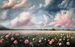 Oil painting rural scene with a roses field. Colorful rural landscape with dramatic sky. Summer landscape.