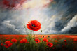 Oil painting rural scene with a red poppies field. Colorful rural landscape with dramatic sky. Summer landscape.