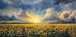 Oil painting of a breathtaking rural sunset scene with a sunflowers field. Colorful rural landscape in the golden sunset lights. Summer landscape.