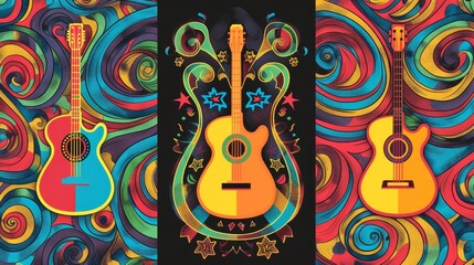 Wall Mural - Music posters with hippie sign and guitar. Woodstock festival style. Cartoon psychedelic patterns. Retro music of the 60's and 70's.