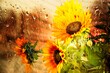 Sunflower in the sun through wet glass filter