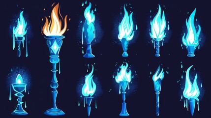 Wall Mural - A black background with a 2D animation sheet of a blue flame on a torch, candle, or bonfire. Modern cartoon animation sprite sheet of a sequence of magic flames on a torch, candle, or bonfire.