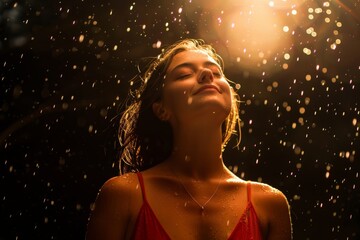Aufkleber - An image capturing a standing lady, backlit by a glowing backdrop as if amidst a golden shower of rain at dusk