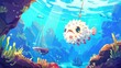 Fisherman club sport competition, activity or hobby cartoon illustration showing cute puffer fish on fishing hook under blue ocean water surface. Marine game scene, competition or activity for