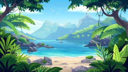 Wall Mural - A tropical summer landscape with green trees, grasses, lianas, and rocks with jungle, mountains, and sea as horizon. Modern parallax background for 2D animation.