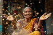 An exuberant senior lady in colorful traditional clothing tosses floral petals joyfully in the air