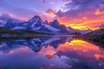 Poster - an image of the sun setting over mountains and water with reflections in it