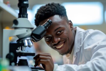 Aufkleber - A sharp and detailed photograph of a scientist concentrating on research with a microscope in a lab environment