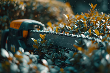 refined close-up photo of sleek lines of an electrically powered chain saw in action, with the focus