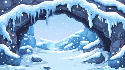 Wall Mural - A cave cartoon background with a stone tunnel frame and snow and stalactites. An entrance to a mountain, with an open hole in the rock where text or images may be placed.