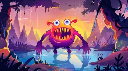 Poster - Modern web banner with monsters cartoon, strange funny animal, smiling toothed fantasy character with three eyes and long arms standing at a water pond in an alien forest.