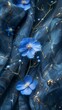 A deep sapphire marble background complemented by sapphire blue silk and scattered bluebell flowers. Vertical. 