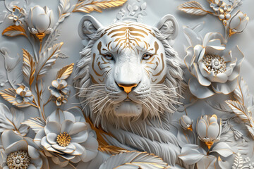 Wall Mural - abstract relief design with a tiger and flowers, white and gold