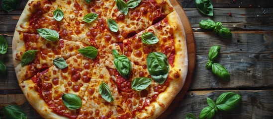 Wall Mural - Sliced Pizza on Cutting Board With Basil and Tomatoes