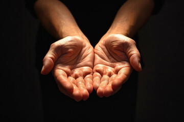 Wall Mural - person, hands and praying with faith for god, religion or submission on a dark studio background. cl