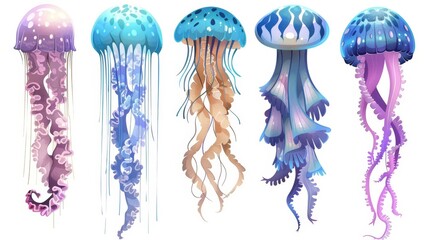 A colourful jellyfish and its long poisonous tentacles isolated on a white background. Tropical medusa aquatic wildlife, beautiful sea life, Cartoon modern illustration.