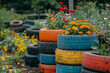 A photograph of a community garden where old tires are reused as colorful planters, adding a vibrant