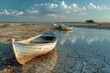 A photograph of a dried-up lake, boats stranded on the cracked, dry bed, a clear result of water mis