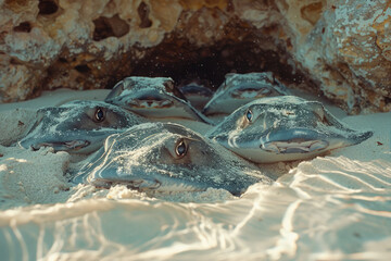 Poster - A photograph of a group of stingrays buried in the sand, their eyes and tails barely visible, a natu