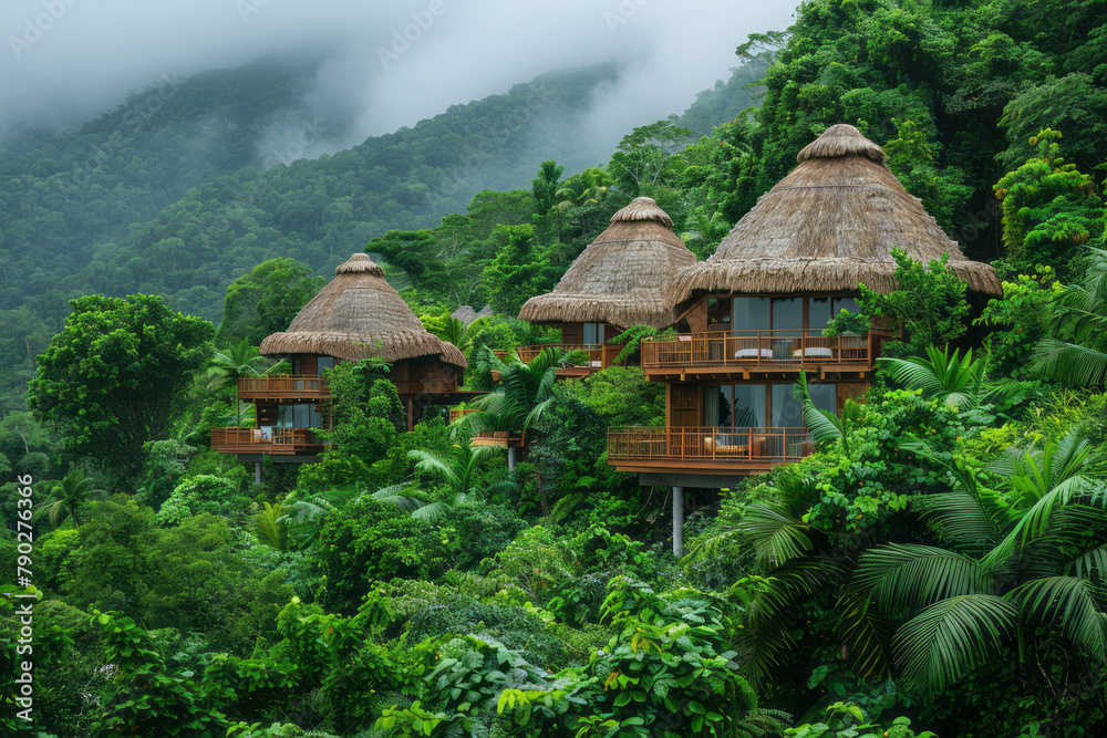 Image showcasing A photograph of a luxury eco-resort on a private island, with thatched ...