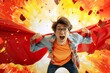 portrait of a young male nerd, pretending to fly with a cape, his expression ecstatic, set against a bright, comic book-style explosion background