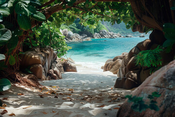 Aufkleber - A photograph of a remote beach , framed by dramatic granite boulders and lush green