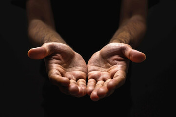 Wall Mural - person, hands and praying with faith for religion, god or submission on a dark studio background. cl