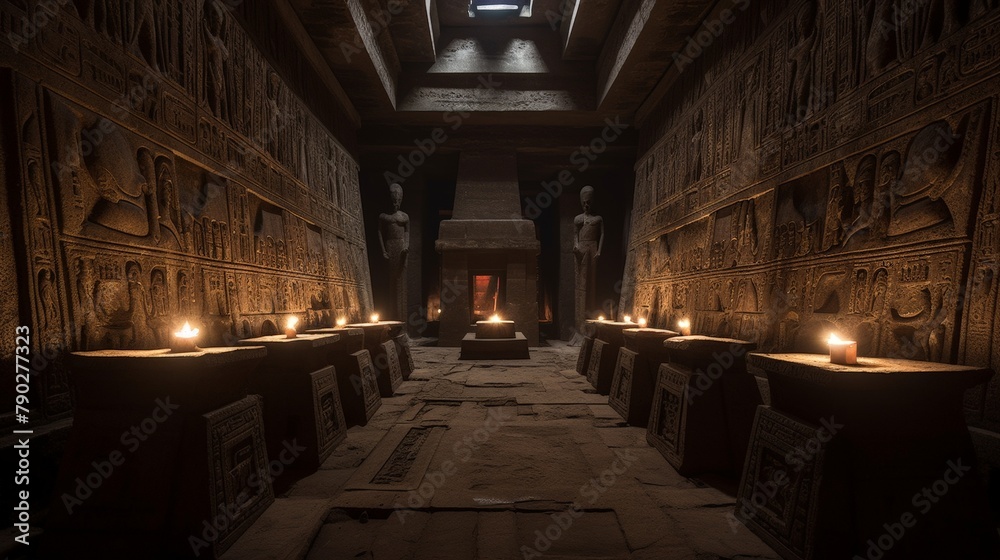 Pyramid Torch Inside view of a pyramid chamber with torch light illuminating the ...